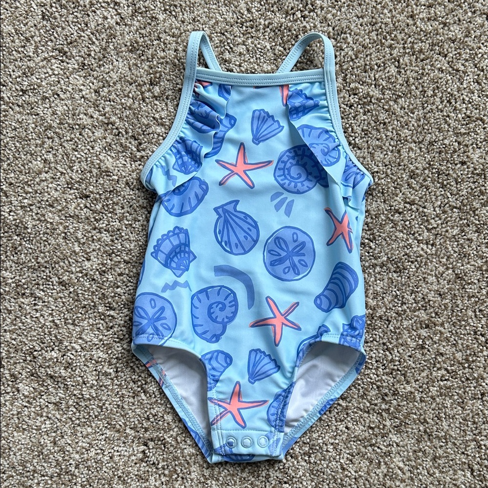 Carters Blue Seashell Ruffle One Piece Swimsuit, 12 Months - Picture 2 of 6